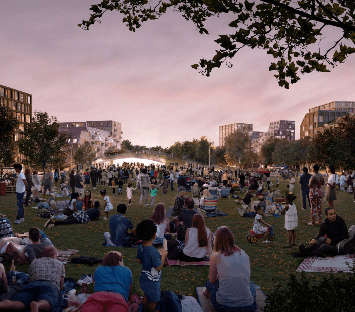 A diverse crowd enjoying a sunny day in the park, sitting on the grass and engaging in various activities.