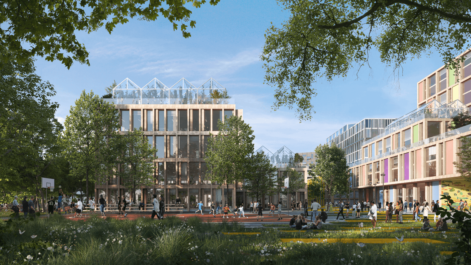 A new building in the park, centrally positioned, blending with nature's beauty and enhancing the surroundings.